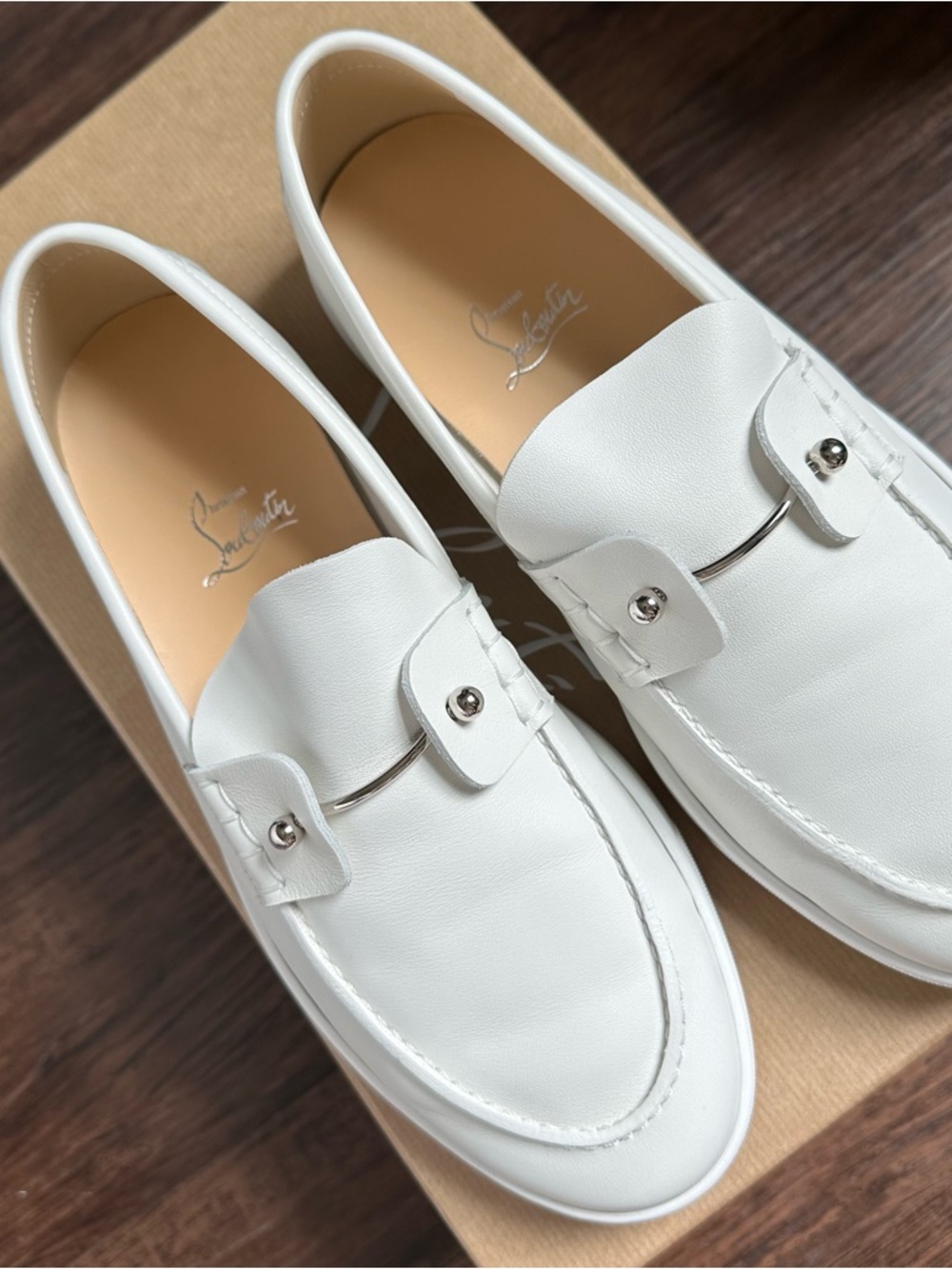 Christian Louboutin Chambeliboat White Leather Metal-Bit Loafers